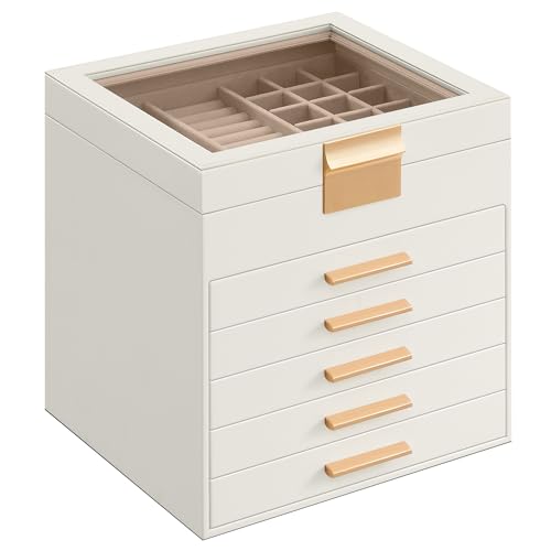 SONGMICS GISELLA Collection - Jewelry Box Organizer, 6-Layer Jewelry Storage with 5 Drawers, Shiny Metal Hardware, Glass Lid, Modern, 8 x 9.1 x 9 Inches, Cloud White and Gold Color UJBC176W01 - color: Cloud White + Gold, size: 6 Layer (8"D x 9.1"W)
