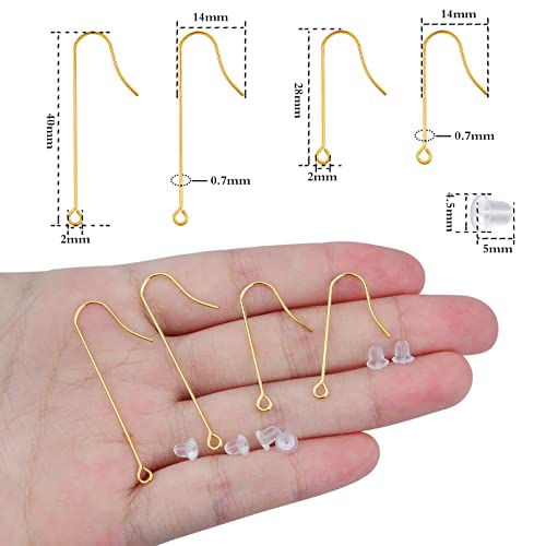50pcs 2 Sizes Hypoallergenic Long Earwire Hooks Stainless Steel Earring Hooks with Vertical Hanging Loop and 50pcs Earring Safety Backs for DIY Jewelry Making Findings - color: Golden