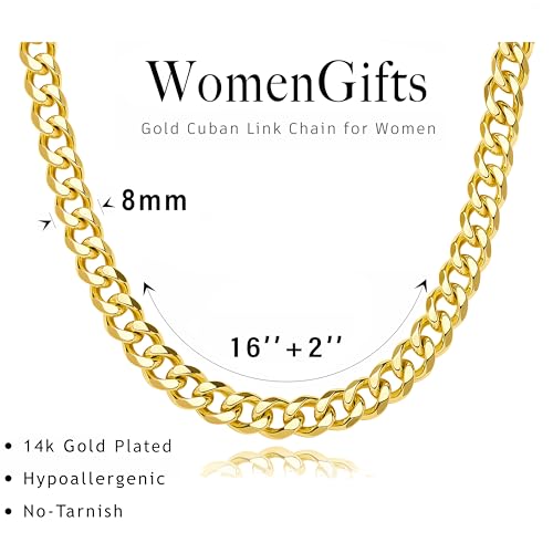WomenGifts Cuban Link Chain Necklace for Women, Waterproof 14k Gold Silver Plated Chain Choker, Non Tarnish Stainless Steel Jewelry, 3.5/5/6/8/11mm,14/16/18 Inch Thin&Chunky&Thick - color: Gold, style: 8MM-16"