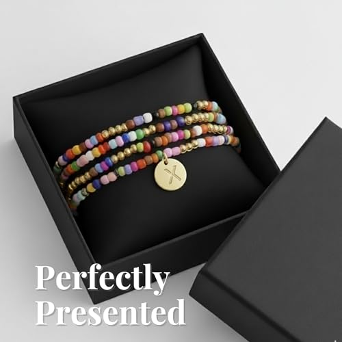 Set of 4 Colorful Bead Initial Bracelets, Personalized Stackable Jewelry, Adjustable Stretchy Charm Bracelets for Women, Beaded Bracelet Set, Trendy Custom Jewelry Gift - style: Colorful Bead - X