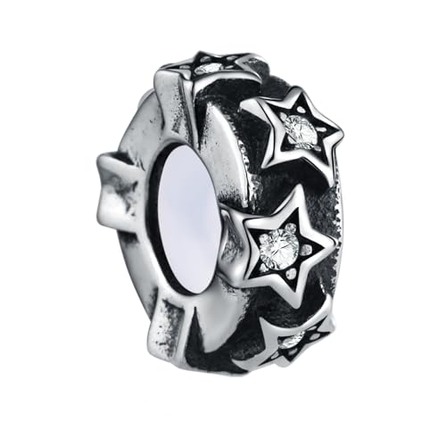 925 Sterling Silver Spacer Charm Bead with Clear CZ for Pandora Charms Bracelets - color: Star Stopper Beads