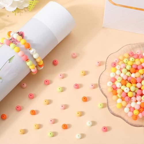 1 Box 500Pcs Round Matte Beads Opaque Acrylic Beads 8mm Ball Frosted Orange Imitated Silicone Bubblegum Smooth Rubberized Spacer Loose Bead for Jewelry Making Bracelet Necklace DIY Crafts - color: Orange