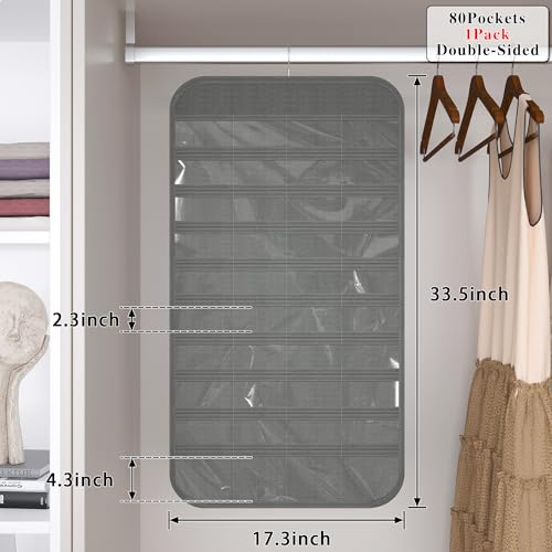 1 Pack Hanging Jewelry Organizer 80-Pocket Dual-sided Jewelry Storage for Earring Necklace Bracelet Ring Travel Holder, Gray - color: Gray