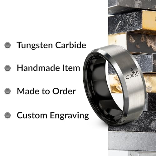 Chain Tool Ring - Gift for Cyclist - 8mm - Band - Gunmetal Black Silver - Personalized Custom Engraving - Men Women - Anniversary Engagement Wedding - Tungsten Carbide - Flat Dome Bevel - color: 12 - Black Grey Tungsten