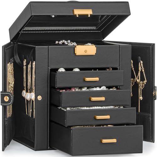 TORIBIO Jewelry Box for Women, Leather Jewelry Organizer with Mirror & Lock, 5-Tier Jewelry Storage Organizer with 4 Drawers for Girls/Women/Mothers, Necklace Earring Bracelets Holder Organizer - color: Black + Black, size: 5 Layer