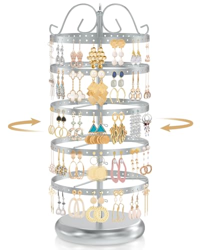 Modowey Rotating Earring Holder Organizer Stand, 5 Tier Metal Tree Display for Women Vendors, 220 Hole Adjustable Jewelry rack for Stud Hoop Dangle Storage, Trendy Carousel Keeps Dresser Neat, Silvery - color: Silvery, size: 5 Tier, 220 Holes