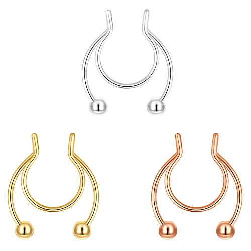 20G Fake Nose Rings Hoop Clip-on Stainless Steel Septum Jewelry Non Piercing Fake Cartilage Earring Lip Rings Faux Nose Ring Piercing Jewelry for Women Men - color: Set H: 3PCS Gold / Silver / Rose Gold