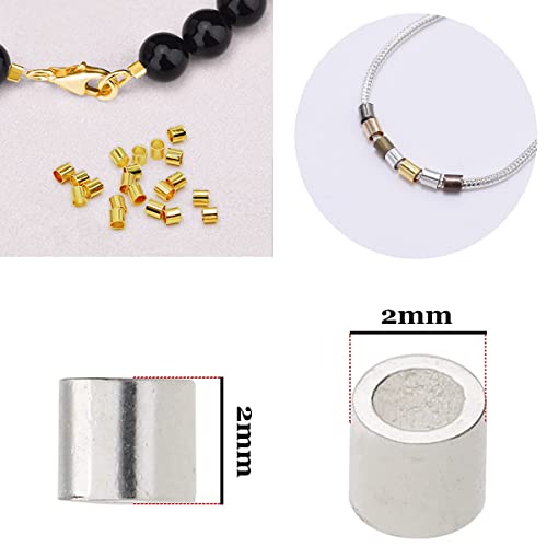 500 Pieces Crimp Tube Beads Plated Brass Tube Column Stoppers to Secure the Ends of Jewelry Strings, Crimping Tube Accessories for DIY Jewelry Making 2x2mm (Gold/Silver/Gun Black/Bronze/KC Gold) - color: Gold/Silver/Gun black/Bronze/KC gold
