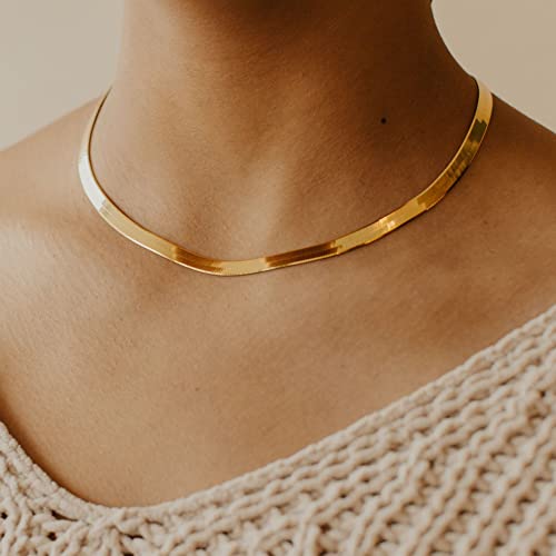 CHESKY Gold Necklace for Women-14K Plated/S925 sterling silver Snake Chain Necklace Dainty Simple Chunky Herringbone Necklace Gold Choker Necklaces Jewelry for Women Mothers Day Gifts for Mom - color: gold, style: 5mm 14 inch snake