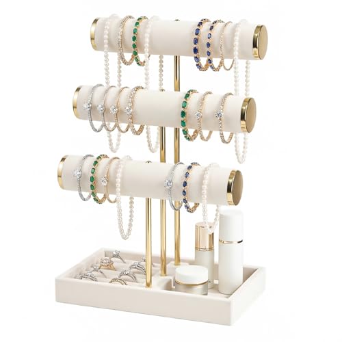 Necklace Holder,Bracelet Display,Jewelry Organizer Stand with Earrings Rings Tray,Jewelry Holder for Scrunchie Watches (Beige, 3 Tier) - color: Beige, size: 3 Tier