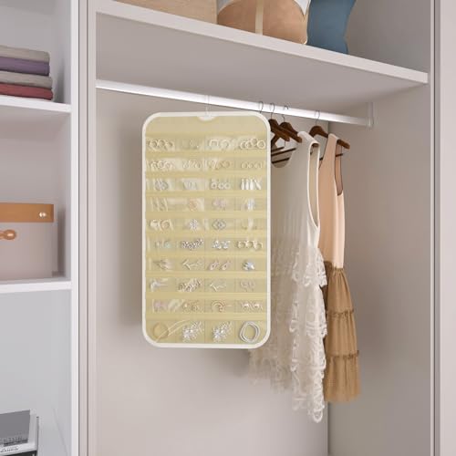 1 Pack Hanging Jewelry Organizer 80-Pocket Dual-sided Jewelry Storage for Earring Necklace Bracelet Ring Travel Holder, White and Beige - color: White and Beige