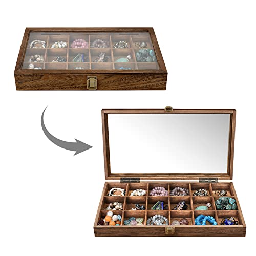 MOOCA Wooden Jewelry Display and Beads Display Storage Case with Tempered Glass Lid , 18 Compartments, 15" W x 8 3/8" L x 2 1/8" H, Brown Color - color: Brown