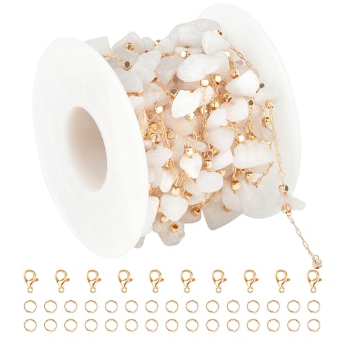 KYUNHOO 16.4 Feet White Handmade Raw Stone Chain Links on Roll Gold Plated Chains for Jewelry Making Brass Crafts with Jump Rings Lobster Clasps for DIY Jewelry - color: Natural Stone-White