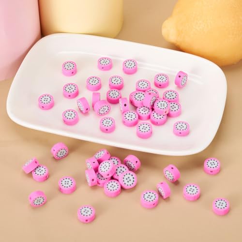 50PCS Handmade Polymer Clay Round Beads Pitaya Slice Dragon Fruit Loose Beads Fruit Theme Spacer Beads for DIY Bracelet Necklace Earring Charm Jewelry Making Hole 1.8mm - color: Pitaya Slice