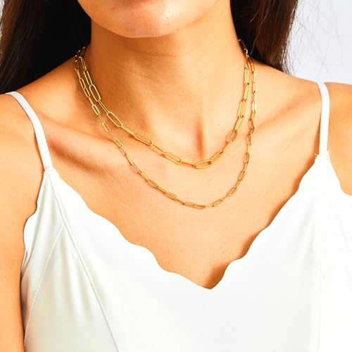 RWQIAN 18k Gold Paperclip Chain Link Necklace Dainty Paperclip Link Chain Layered Necklace Oval Link Chains Necklaces Set for Women Girls - color: 18K Gold-Paperclip Chain