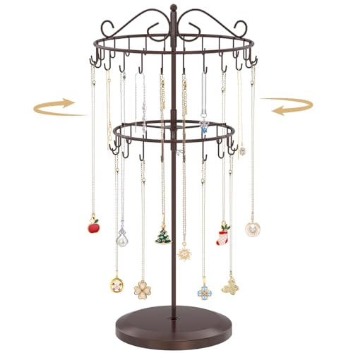 MODOWEY Rotating Necklace Holder Organizer Display Stand with 42 Hooks, 2 Tier Adjustable Metal Tree for Long Necklace Hanger Selling, Tall Spinning Bracelet Storage Rack for Men Women, Espresso Brown - color: Espresso Brown, size: 2 Tier