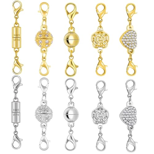 Magnetic Necklace Clasp & Extender Chain Set, 5 Styles Strong Magnetic Necklace Clasp and Closures for Jewelry Connector, Gold & Silver (10pcs) - color: 10pcs