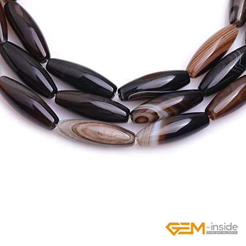 GEM-Inside Botswana Agate 10x30mm Bronw Olivary Banded Beads Natural for Jewelry Making Loose Beads Natural 15" - size: Brown-10X30mm
