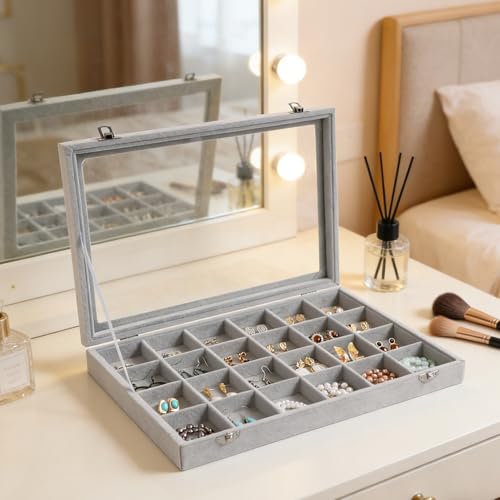 Wudygirl Jewelry Organizer Velvet Jewelry Tray 24 Grid Jewelry Box Earring Holder Organizer Removable Display Case Organizer Glass Top Lid & Lock (24 Grid) - style: 24 Grid Tray