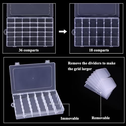 OUTUXED 4 Pack 36 Grids Plastic Bead Organizer Box with Dividers, Clear Craft Tackle Box Parts Storage Containers with Compartments for Jewelry Fishing Tackle Art DIY with 5 Sheets Label Stickers - color: 4 Pack