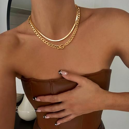 CHESKY 14K Gold Plated Chunky Necklace for Women, Trendy Paperclip Chain Necklace Thick Cross Heart Pendant Necklace Layered Herringbone Cuban Link Chain Toggle Necklaces Non Tarnish Jewelry - color: gold, style: cuban+herringbone