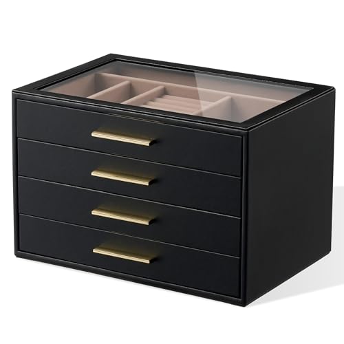pickpiff Jewelry Box Organizer Case for Women: 4-Layer Jewelry Storage Case with Glass Window, Black Leather with Blush Velvet, Holder for Ring Necklace Bracelet Brooch Watch, Great Gift for Her - color: Black, size: 4 Layer