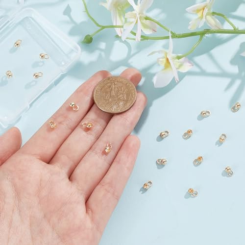 BENECREAT 20Pcs Real 14K Gold Plated Crimp Ends, Round Brass Bead Tips Calotte Ends, Clamshell Knot Cover for Jewelry Making DIY Findings Crafts, Hole: 2mm