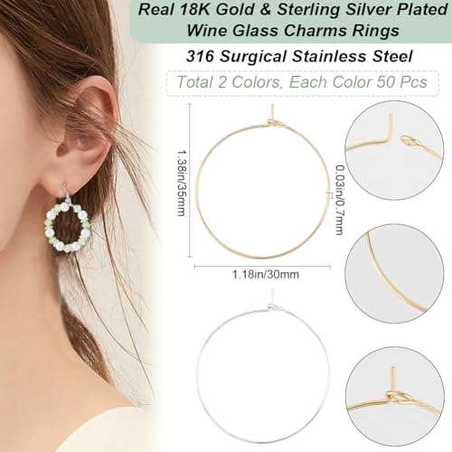Beebeecraft 1 Box 100Pcs 316 Surgical Stainless Steel Wine Glass Charms Rings 30mm Round Hoop Earrings for Jewelry Making DIY Crafts (Gold, Silver) - color: Gold and Silver, size: 30mm