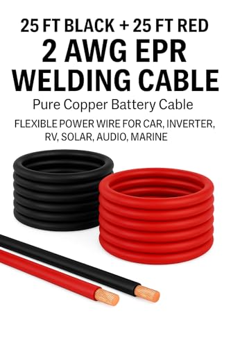 2 AWG EPR Welding Cable, Pure Copper Battery Cable,Flexible Power Wire for Car, Inverter, RV, Solar, Audio, Marine Applications, Black and Red (25FT Black+25FT RED, 2 AWG) - color: 25FT BLACK+25FT RED