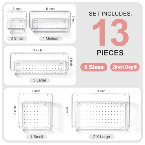 13 Pcs Desk Organizer Tray for Makeup, 5 Sizes Vanity Makeup Drawer Organizer Set, Non-Slip Desk Drawer Organizer Trays for Bathroom, Bedroom, Office, Fits Jewelry - size: 13Pack