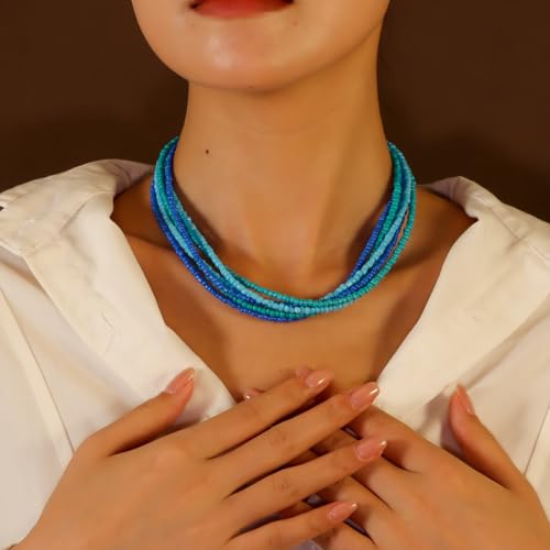 Multilayer Seed Beaded Necklaces for Women Bohemian Bead Choker Necklace Statement Layered Bead Necklaces Summer Jewelry Gift - color: Blue