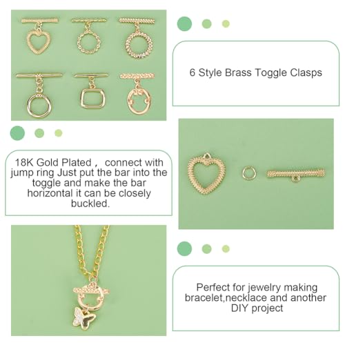 PH PandaHall 18K Toggle Clasps, 6 Styles T-Bar Closure Clasp 12 Sets Jewelry Clasps Flower Ring Leaf IQ Brass Bracelet Clasp for Necklace Making - color: 6 Styles