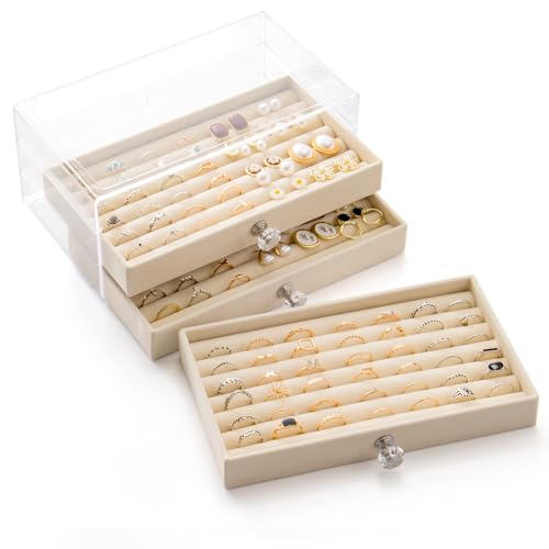 SPAKOWN Ring Box Display Holder, Clear Velvet Jewelry Storage Tray Organizer for Ring Stud Earring (Beige - 3 Drawers) - color: Beige, size: 3 Drawers