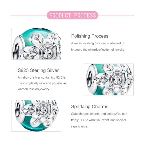 925 sterling silver Bead Charm for Pandora bracelets and Necklaces - Cute Heart Animal Ocean Pendant Bead Charms with Cubic Zirconia Mother's Day Jewelry Making DIY Gifts for Women Wife/Girlfriend - color: Healing Light Flower Glass Bead