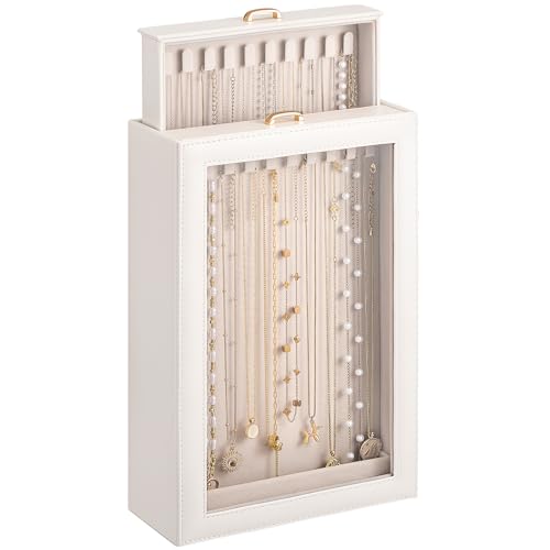 Lolalet Necklace Organizer Box, Jewelry Storage Box with Clear Window for Necklaces Bracelets, Tangle-Free Necklace Display Case for Women Girls, Mothers Day Gift - color: White, size: 2 Layers, 20 Hooks