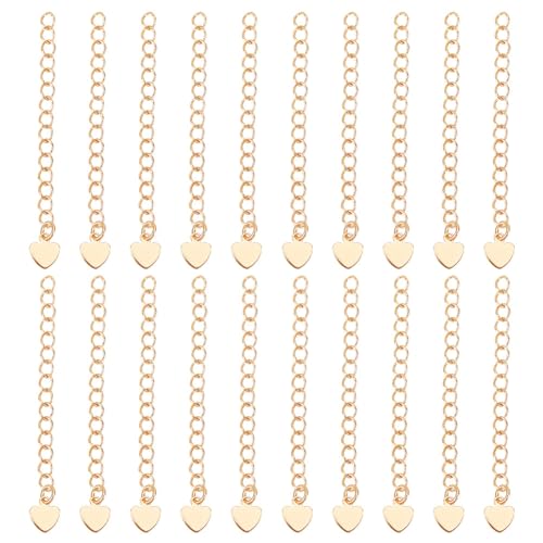 Beebeecraft 20Pcs Heart Necklace Extender 18K Gold Plated 53mm Extender Chain End Chains with Heart Chain Tabs for Jewelry Making Bracelet Findings - color: Gold-heart