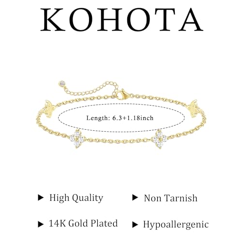 KOHOTA Silver Gold Bracelets for Women Trendy 14K Gold Plated Bracelet for Women Non Tarnish Dainty Stackable Clover Flower Heart Butterfly Diamond CZ Charm Station Bracelets Stack Jewelry Gifts - color: A: Clover-Gold