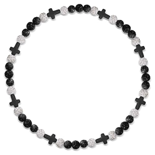 Beaded Baseball Necklace | Adjustable Sports Rope Chain with Baseball Cross Charm - Great Baseball Drip Gift for Players and Fans - color: Black-White-Blk