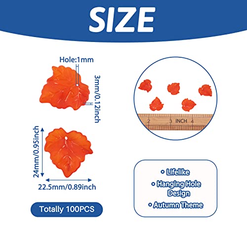 Crafans 100Pcs Frosted Acrylic Leaf Charms 24x22.5x3mm Transparent Plant Pendants Clear Autumn Maple Leaves Beads Charms for Jewelry Making (Orange Red) - color: Orange Red