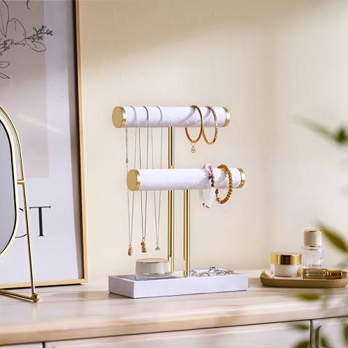bussdis 2 Tier Bracelet Holder Display - Detachable T Bar White Velvet Bracelet Holder, Jewelry Holder Organizer for Bracelet, Necklace, Earrings, Rings - color: White