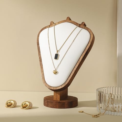 TANG SONG 8.27" Walnut Wooden Base Leather Soft Mat Necklace Display Stand Jewelry Organizer Holder (Walnut-White) - color: Walnut - White