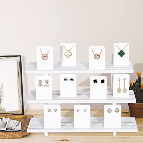 51pcs Wood Tiered Earring Display Stand, 3-Tier White Retail Jewelry Card Display With Groove + 50 Earring Cards, Portable Ring Organizer Holder, Showcase Racks for Business - color: White