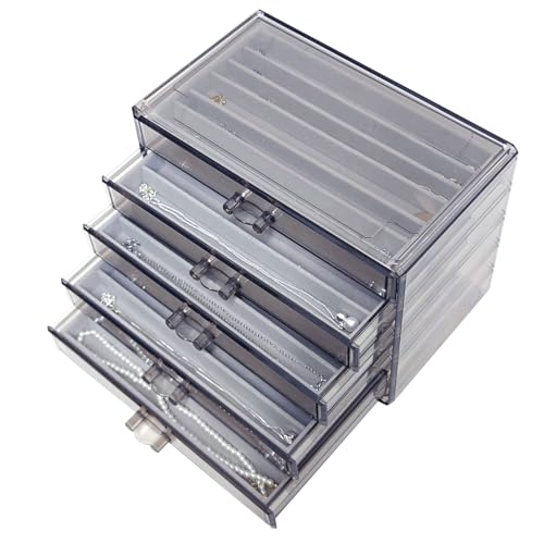 Necklace Organizer Box 5 Drawers Necklace Holder Organzer with 30 Compartments Velvet Necklaces Display Case with Lid Acrylic Jewelry Organizer for Necklace Pendant Chains (Brown Gray) - color: Brown Gray