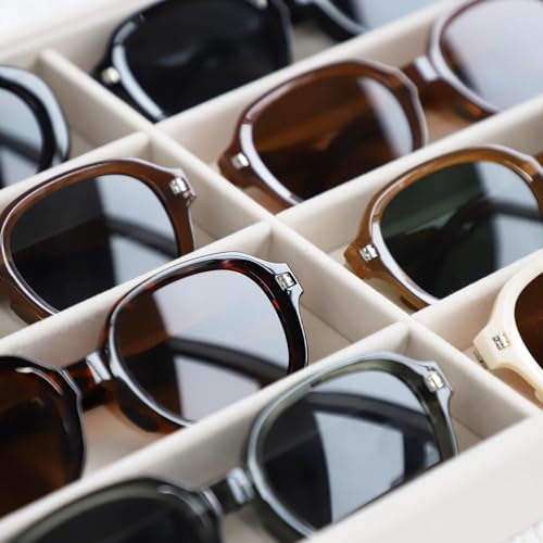 Stratalife Sunglasses Organizer Stackable Sunglass Jewelry Storage Tray with Removable Dividers Display Case for Necklace Earring Bracelet Drawer Inserts 8 Grid Beige