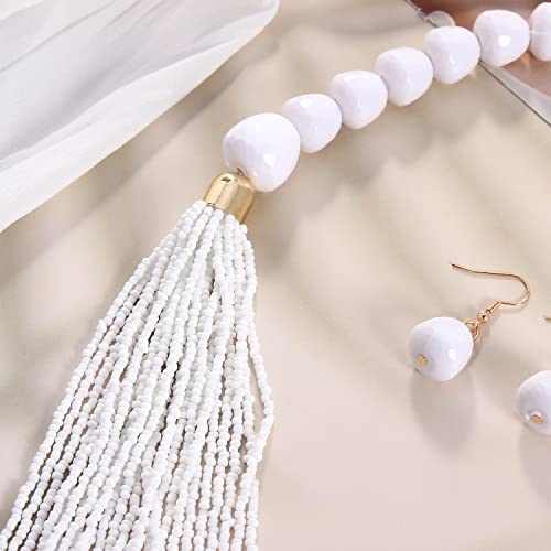 Bocar Necklace for Women, Multi Layer Statement Necklace, Long Chain Chunky Bib Seed Beads Necklace, Necklace Earring Set for Women Gift (NK-10693) - color: White