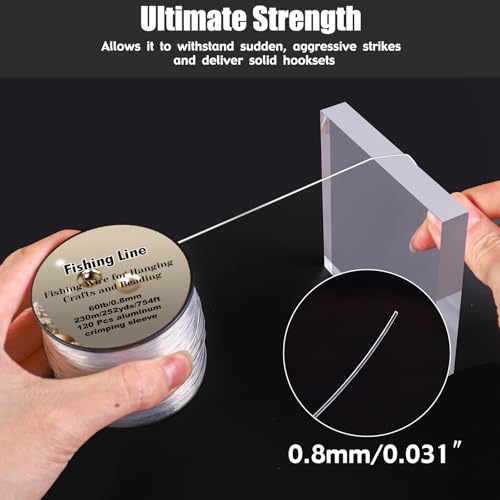 Strong Clear Invisible Hanging Wire 0.8mm 75 Lb, 754 FT (230m) Nylon Fishing Line with 120 Pcs Aluminum Crimping Sleeves for Crafts Beading Decorative Pictures Balloons Stringing Lights…