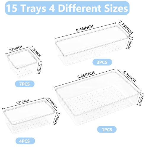 Clear Drawer Organizer Set, 4 Sizes Desk Drawer Divider Organizers Storage Bins for Bathroom,Kitchen,Office,Vanity Organizers Tray for Jewelry (15PACK) - size: 15PACK