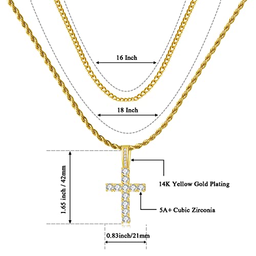 GEMOSA Cross Chain for Men 14K Gold Silver Plated Solid Iced Out 5A+ Cubic Zirconia Stainless Steel Cuban Link rope Layered Chains 16-24 Inch Large Cross Diamond Pendant Nceklace Jewelry Gifts - color: Yellow Gold, size: 16/18 inch