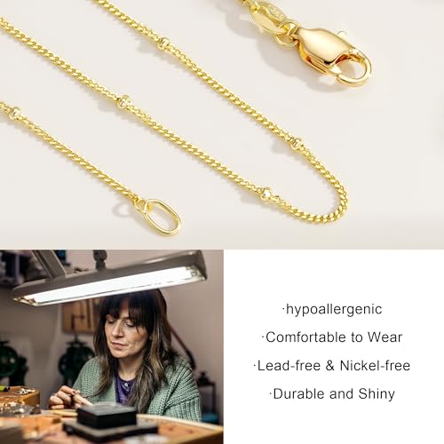 IEFWELL S925 Sterling Silver Chain Necklace for Women - 14K-Real-Gold-Plated 1.5mm Satellite Bead Chains Necklace, Sturdy Women's Chain Necklaces, 14/16/18/20/22/24 Inches Jewelry Valentines Gifts - color: Gold-Plated, size: 18 Inch