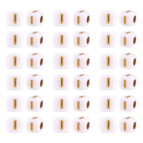 FASHEWELRY 500Pcs White Golden Letter Beads 4.5mm Square Alphabet Beads Acrylic Cube Letter I Beads for Friendship Bracelet Necklace Keychains Jewelry Making - color: Letter I
